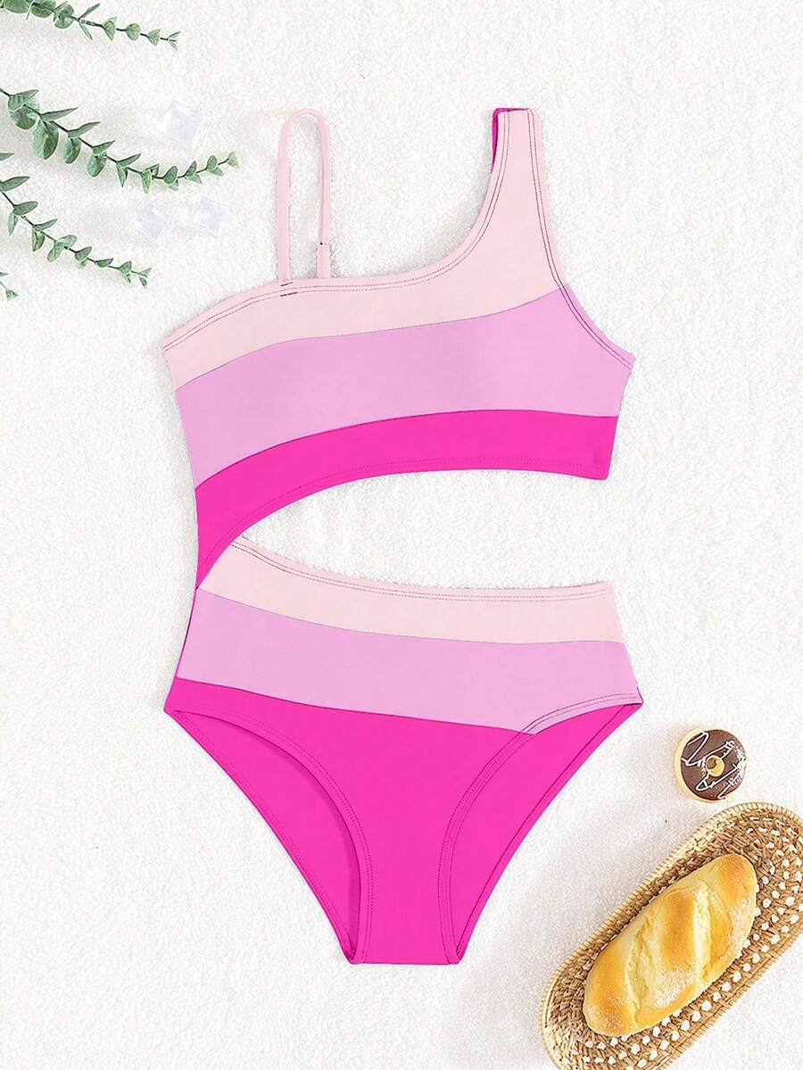Girls Asymmetric Neckline Color Block Swimsuit With Hollow Design Waist, Purple Beach Outfit - Multicolor - View 1