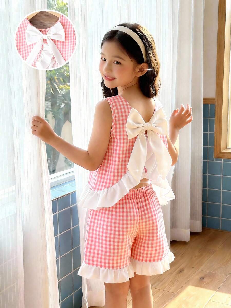 少女格子蝴蝶结装饰吊带背心和短裤套装 - 彩色 - 查看 1