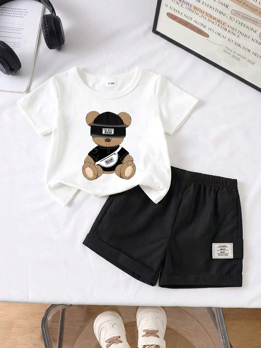 SHEIN Playful Pals 2件組 嬰幼兒中性 0-3歲 熊圖案圓領短袖上衣 & 鬆緊腰短褲套裝 黑白配色 夏季休閒可愛海灘服飾 - 黑色 - 查看 1