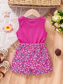 SHEIN Vintaside Kids 女婴爱心印花圆领上衣和印花短裤休闲日常装 - 玫紅色 - 查看 2