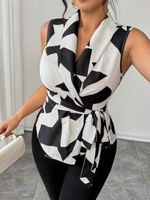 SHEIN Clasi Plus Size Women's Sleeveless Tie Front Waist Cinched Elegant Commuter Formal Shirt Black And White Summer - Apricot - View 3