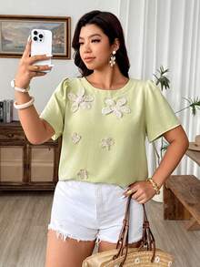 Weeklong Plus Size Women's Round Neck Knitted Floral Short Sleeve Solid Color Summer Elegant Lady Casual Blouse - Green - View 5