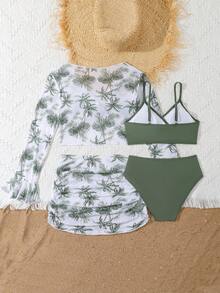SHEIN Tween Girl Swimwear Set, 4pcs Fashion Printed Separate Swimwear With Ruffle Trim, Leisure Holiday Summer Holiday - Green - View 2