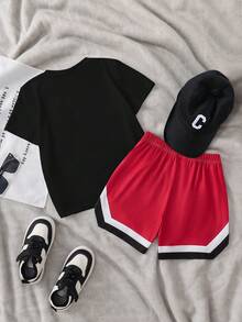 SHEIN 2pcs/Set Young Boys Casual Large Print Round Neck Knit T-Shirt And Matching Shorts, Comfortable Fabric Suitable For Daily Wear Sports, Summer - Black - View 2