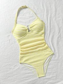 SHEIN 少女黄色针织条纹纹理挂脖连体泳衣，金属扣装饰，适合游泳、度假、夏季海滩穿着，泳装套装，夏季假期，海滩，夏威夷 - 黃色 - 查看 3