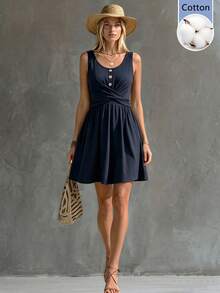 LUMIGAL Women's Dress, Women's Cotton Dress, Women's New Spring/Summer Dress, Women's Summer Outfit, Women's Solid Color Dress, Women's Fitted Dress, Women's Casual Dress, Women's Short Dress, Women's Flared Dress, Women's A-Line Dress, Women's Criss-Cross Design Dress, Women's Camisole Dress, Suitable For Home, Outing, Casual, Fashion Round Neck Dress - Navy Blue - View 5