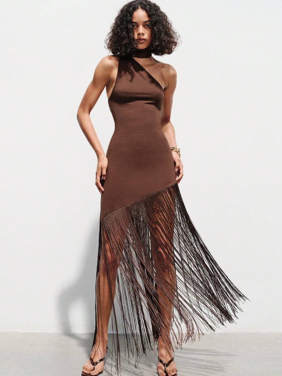 Lumivelle Women's Long Irregular Hem Spaghetti Strap Backless Sexy Elegant Casual Romantic Holiday Dress, Solid Color, Slim Fit, Spring/Summer - Brown - View 1