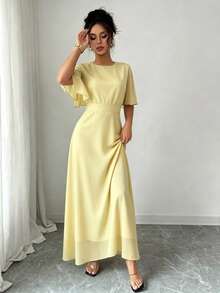 Modelyn Đầm maxi chiffon dáng suông, cổ tròn, tay bồng, bèo nhún, thanh lịch dành cho nữ, thích hợp cho mùa xuân/hè. - Màu vàng ngỗng - Xem 4