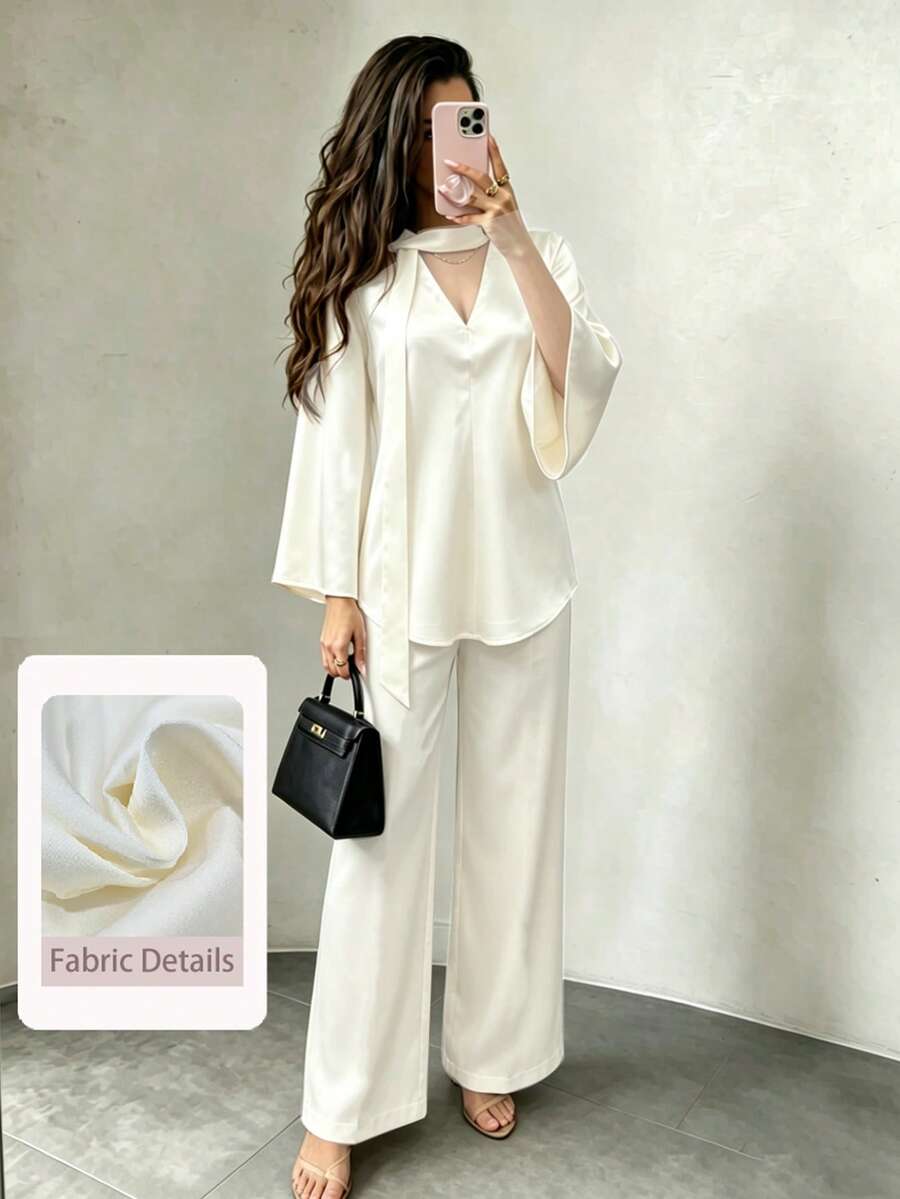 Modelyn V-Neck Tie Flare Sleeve Satin Blouse & Loose Wide Leg Pants 2 Pieces Set, Champagne Color