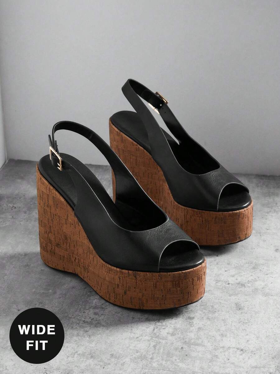 SHUZIA Fashionable Ladies' Black/Brown Cork Wrapped Wide Fit Platform Wedge Comfortable Slip-On Singback Peep Toe Cute Sexy Chic Spring Summer Holiday Vacation Shoe Plus Size - Black - View 1
