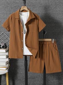 SHEIN Tween Boy's 2-Piece Summer Outfit Set, Brown Textured Linen-Look Short Sleeve Button Down Shirt And Casual Shorts, Kids Vacation Holiday 8-12 Years - Mocha Brown - View 3