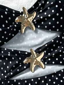 SHEIN Kids Teen Girl Polka Dot Metal Starfish Decor One-Piece Swimsuit,Suitable For Beach Vacation Holiday,Pool Party Black Summer Rave Cute - Black - View 5