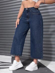 SHEIN CURVE+ 大尺碼女款休閒直筒牛仔褲，附口袋，無彈力 - 深色水洗藍 - 查看 5