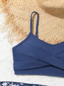 SHEIN Teen Girls Bikini Sets, Solid Color Twist Front Ruffle Swimwear Set With Printed Mesh Cover-Up Skirt, Suitable For Swimming, Holiday, Beach In Summer - Navy Blue - View 3