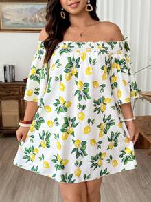 Weeklong Plus Size Women's Off-Shoulder Mid-Sleeve Lemon Print Loose Casual Vacation Mini Dress - Yellow - View 7