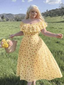 Lyrianda Plus Size Women Ditsy Floral Ruffle Hem Elegant Sweet Cute Dress - Yellow - View 3