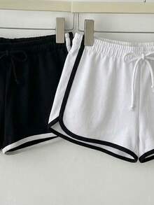 Attitoon 2pcs Women's Casual Shorts, Black & White, Suitable For Summer - Multicolor - View 4