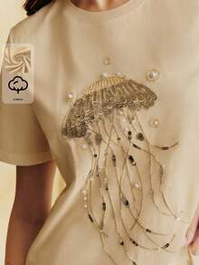 Áo thun nữ tay ngắn cổ tròn đa năng Anewsta New Casual Vacation, 100% cotton, dễ phối đồ, thêu họa tiết sứa đính sequin. - Màu Khaki - Xem 1