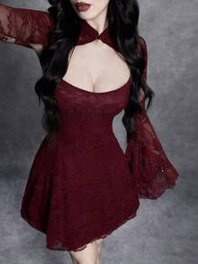 Glisette Women's Burgundy Knit Lace Dress - Burgundy - View 3