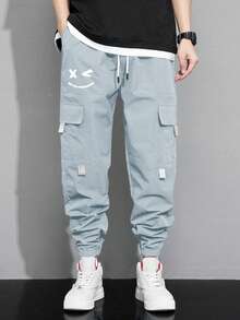 Manfinity Hypemode Loose Fit Men's Slogan Graphic Flap Pocket Drawstring Waist Cargo Pants - Baby Blue - View 3