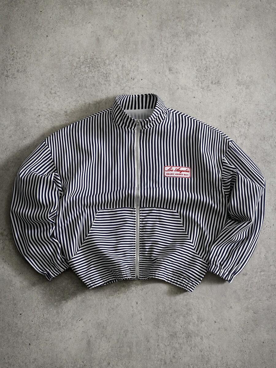 PAVTROS Men's Long Sleeve Stand Collar Fashionable Zipper Casual Striped Jacket - Baby Blue - View 1