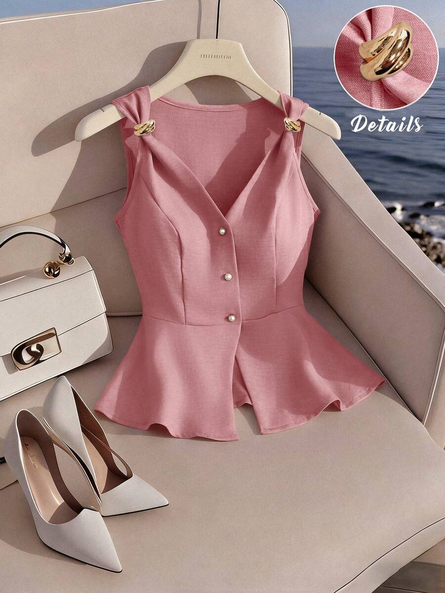 GlowEve Nueva camiseta de tirantes sin mangas con cuello en V y diseño de hebilla metálica minimalista y elegante que estiliza la cintura, para mujer, de verano - Rosa - Ver 1