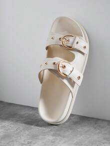 SHUZIA Sandal Datar Slip-On Wanita Replika Superior Comfort dengan Gesper dan Tali Ganda - Putih - View 6