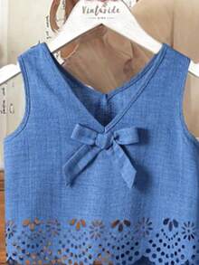 Young Girl Top Set,V-Neck Burn-Out Pattern Bowknot Sleeveless Top&Wide-Leg Pants Summer,Matching,Family Vacation,Holiday Outfits - Blue - View 7