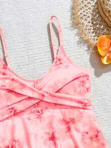 SHEIN Teen Girl Floral Print Ruffle Cami Tankini Top And Triangle Bottoms Swimwear Set, Suitable For Summer Vacation And Beach - Pink - View 3