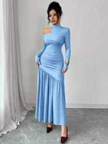 Modelyn Women's Elegant Coffee Color Hollow Shoulder Design Turtleneck Dress, Autumn/Winter - Blue - View 8