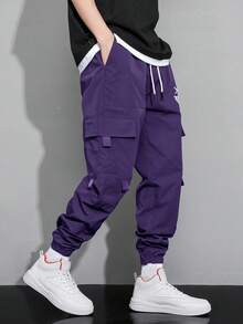Claim Dot Loose Men's Letter & Expression Print Flap Pocket Drawstring Waist Cargo Pants - Purple - View 4