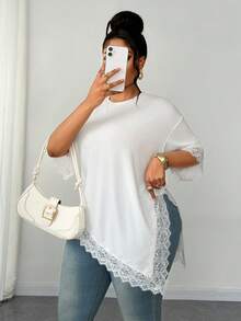Maweii Camiseta de talla grande de verano, de unicolor, con parches de encaje y bajo asimétrico - Blanco - Ver 1
