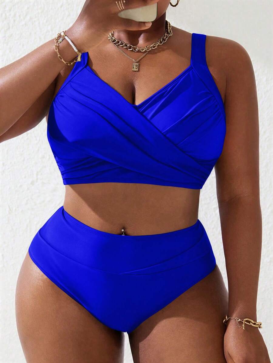 SHEIN Slayr CURVE 大码女式两件套黑粉拼接褶皱吊带泳衣套装，夏季海滩度假 - 寶藍色 - 查看 1