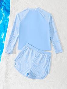 SHEIN Tween Girls Blue White Striped Tankini Swimwear,Cute Bow Knit Fabric Long Sleeve Zipper Top & Shorts Set,Summer Casual Holiday Beach Pool Pool Party - Baby Blue - View 2