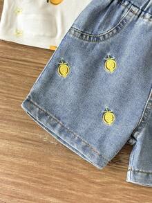 SHEIN Bộ áo yếm và quần short in hình quả anh đào cho bé gái, họa tiết thêu thời trang. - Màu vàng - Xem 7