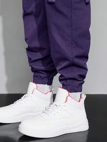 Claim Dot Loose Men's Letter & Expression Print Flap Pocket Drawstring Waist Cargo Pants - Purple - View 7