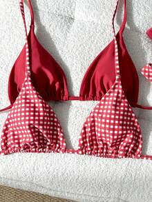Swim Vcay Bộ đồ bơi 4 món họa tiết cây cọ, dây buộc cổ màu trơn, bộ đồ bơi đi biển thanh lịch dành cho nữ, thích hợp cho mùa xuân/hè. - Đỏ - Xem 5