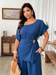 Weeklong Plus Size Women's Asymmetrical Shoulder Ruched TopPocketed Pants, 2-Piece Set, Navy Blue, Summer, Tropical, Vacation, Holiday, Elegant - Navy Blue - View 8