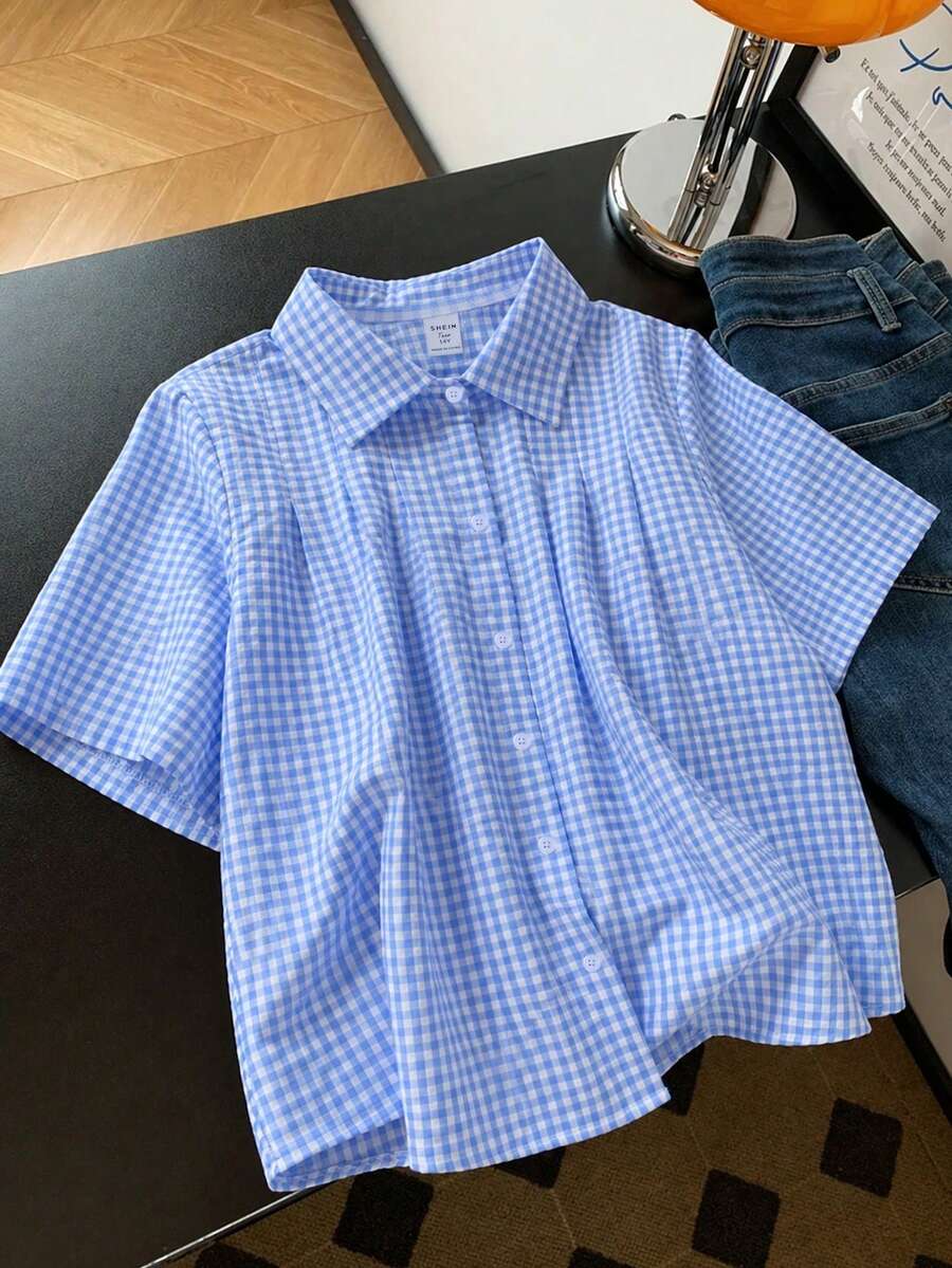 SHEIN 少女法式休闲黄色格子清新百搭褶裥短袖衬衫，春夏单件装 - 藍色 - 查看 1