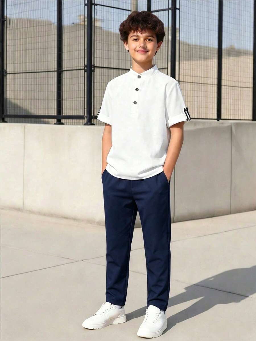 Vacaura 2pcs/Set Setelan Musim Panas Anak Laki-Laki: Kemeja Kerah Tegak Kasual Serbaguna Dipadukan dengan Celana Saku Polos Sederhana, Cocok untuk Pakaian Sehari-hari dan Aktivitas Luar Ruangan - Navy Blue - View 1