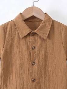 Conjunto de camisa de botones y pantalones cortos de niño, de tela de algodón, sin camiseta, para vacaciones de verano - Café integral - Ver 3