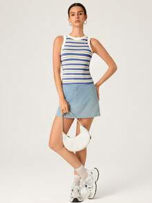 SHEIN BASICS 女款條紋圓領休閒百搭背心，夏季 - 彩色 - 查看 8