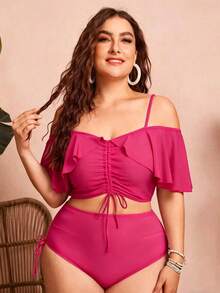 Swim Chiccia Plus Size Women 2pcs Solid Color Spaghetti Strap Off-Shoulder Ruffle Drawstring Split Swimwear, Fashionable Elegant Sexy For Vacation Leisure Beach - Hot Pink - View 1
