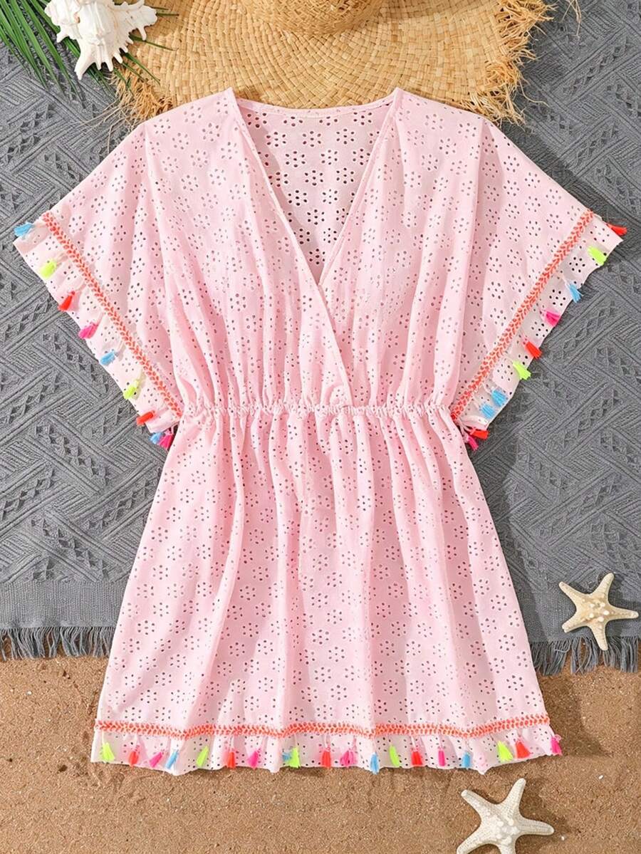 SHEIN Bộ đồ bơi ngoài trời cho bé gái tuổi teen, màu hồng, chất liệu vải dệt kim nhẹ, gồm áo dài và quần short, kiểu dáng thời trang cho kỳ nghỉ biển, thiết kế tua rua sành điệu, thích hợp cho bơi lội, mùa hè, bãi biển, hồ bơi, kỳ nghỉ và tiệc tùng. - Hồng - Xem 1