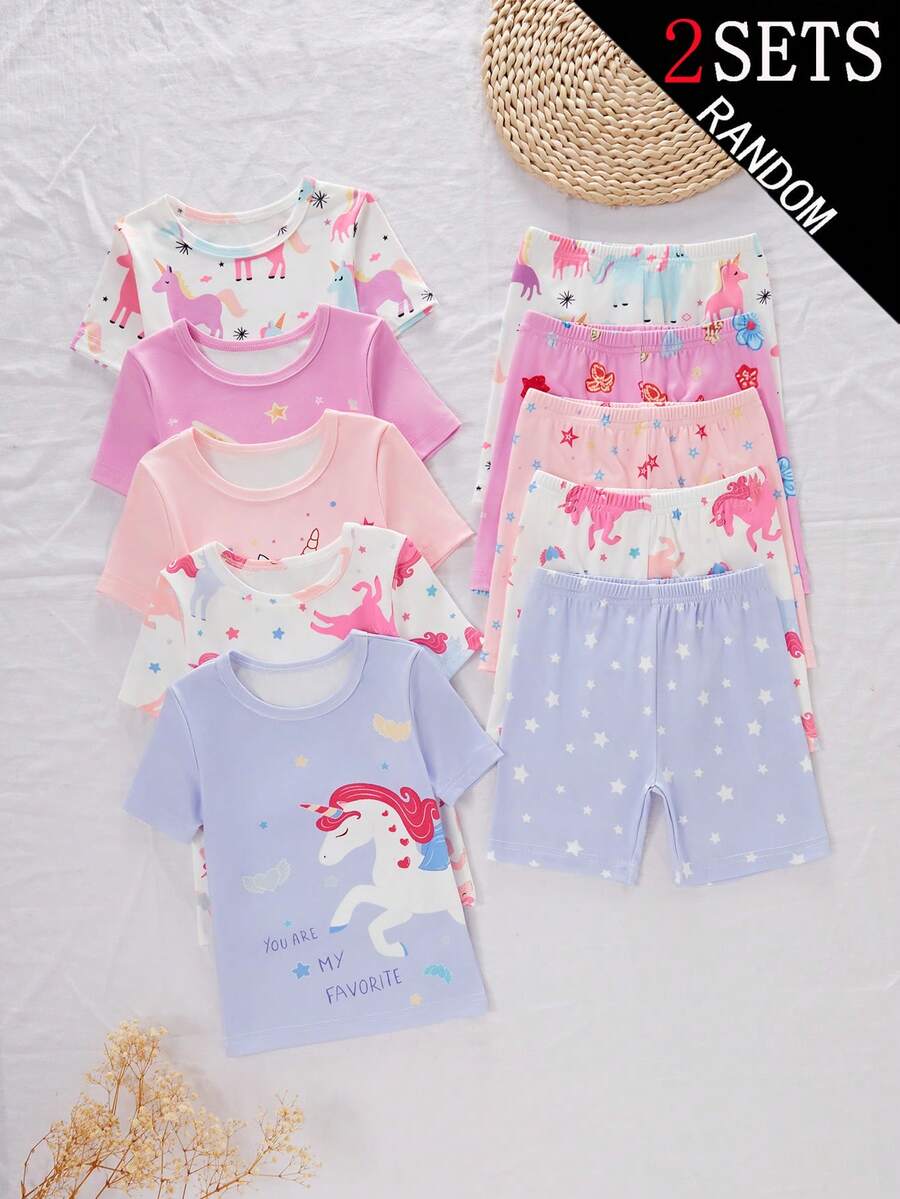 SHEIN 5套可爱女童青少年贴身睡衣,包含樱桃、兔子、爱心、甜甜圈等卡通印花,主要颜色:粉色、蓝色、浅紫色,轻盈顺滑的涤纶面料,短袖短裤款式,适合女孩日常居家穿着。 - 彩色 - 查看 1