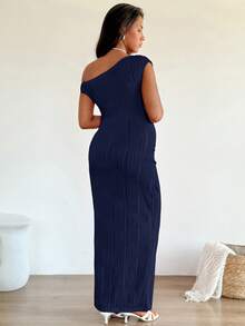 SHEIN Maternity Solid Color Asymmetrical Shoulder Fitted Summer Dress - Navy Blue - View 5