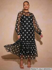 Vixey Polka Dot Tulle Ruffle Hem Sheer Mesh Balloon Sleeve Tunic Top, Cami Dress Under Not Included Fall - Black and White - View 1