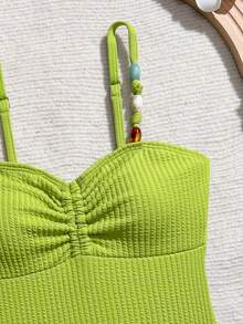 SHEIN Girls'Lime Green One-Piece Beaded Swimsuit,Cute Summer Beach Holiday Bathing Suit For Tweens,Elegant Solid Color Tankini Swimwear For 12 Year Old - Green - View 4