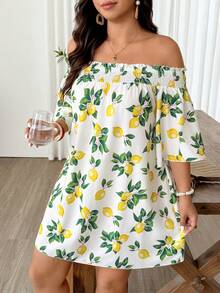 Weeklong Plus Size Women's Off-Shoulder Mid-Sleeve Lemon Print Loose Casual Vacation Mini Dress - Yellow - View 5