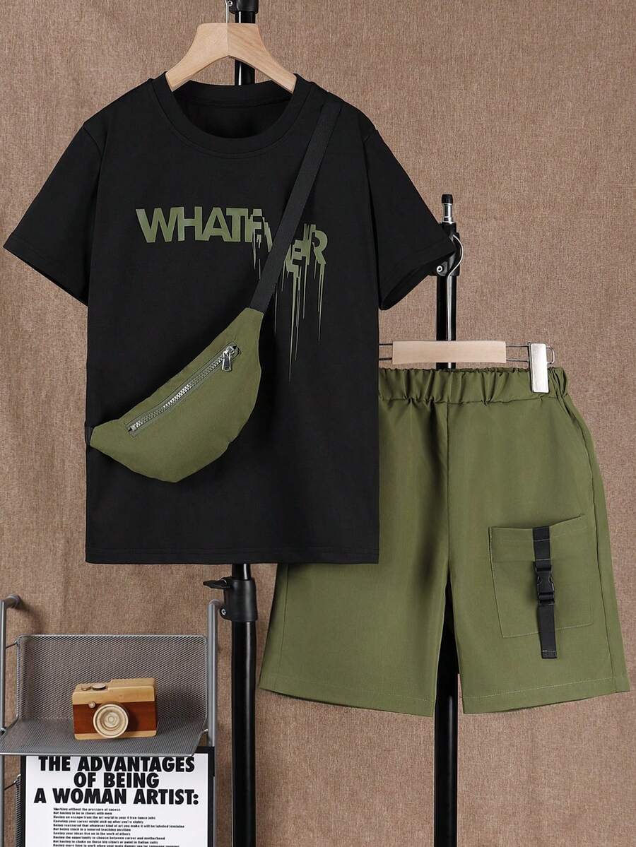 Vacaura Setelan 3 Potong untuk Anak Laki-Laki: Kaos Bergambar, Celana Pendek Kargo, dan Tas Selempang Mini, Cocok untuk Aktivitas Luar Ruangan di Musim Semi/Panas - Hijau Tentara - View 1